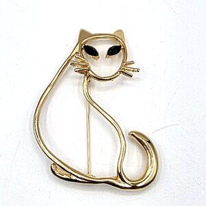 Ultra Craft Large Vintage 3” Cat Brooch Gold Tone Black Rhinestone Eyes Cat Love
